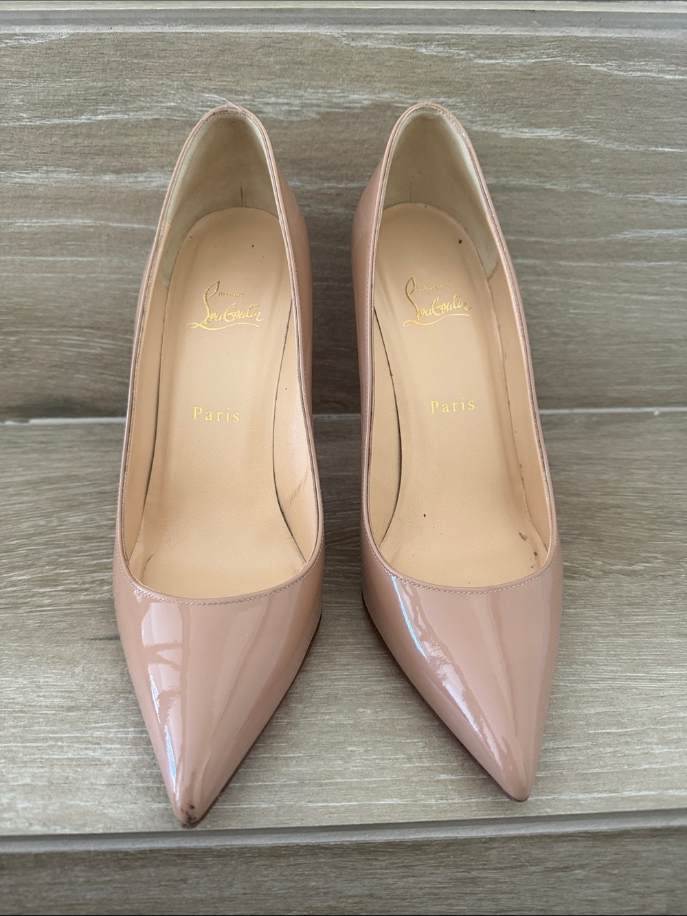 Authentic Christian Louboutin Nude Patent Leather Pointed Pumps - Size 39.5